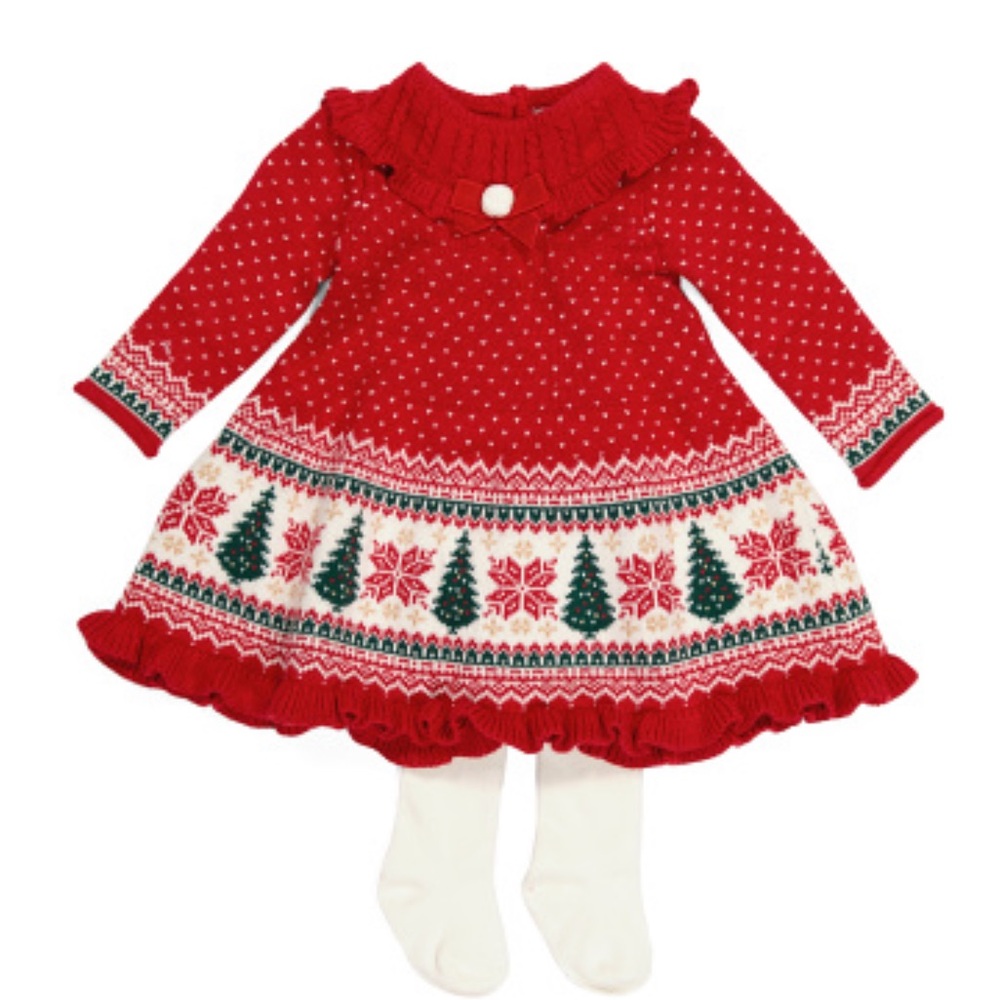 ✅Tahari Girls Christmas Tree Sweater Dress with Tights  sz 6-9m NEW